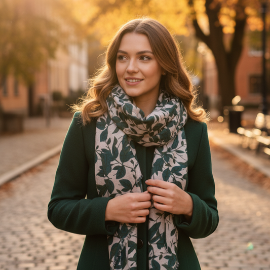 Model styling champagne wool scarf with green leaves as shawl