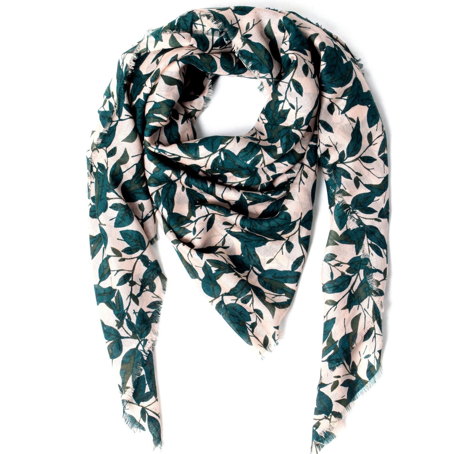 Light champagne wool scarf with green leaf pattern, 135x135 cm