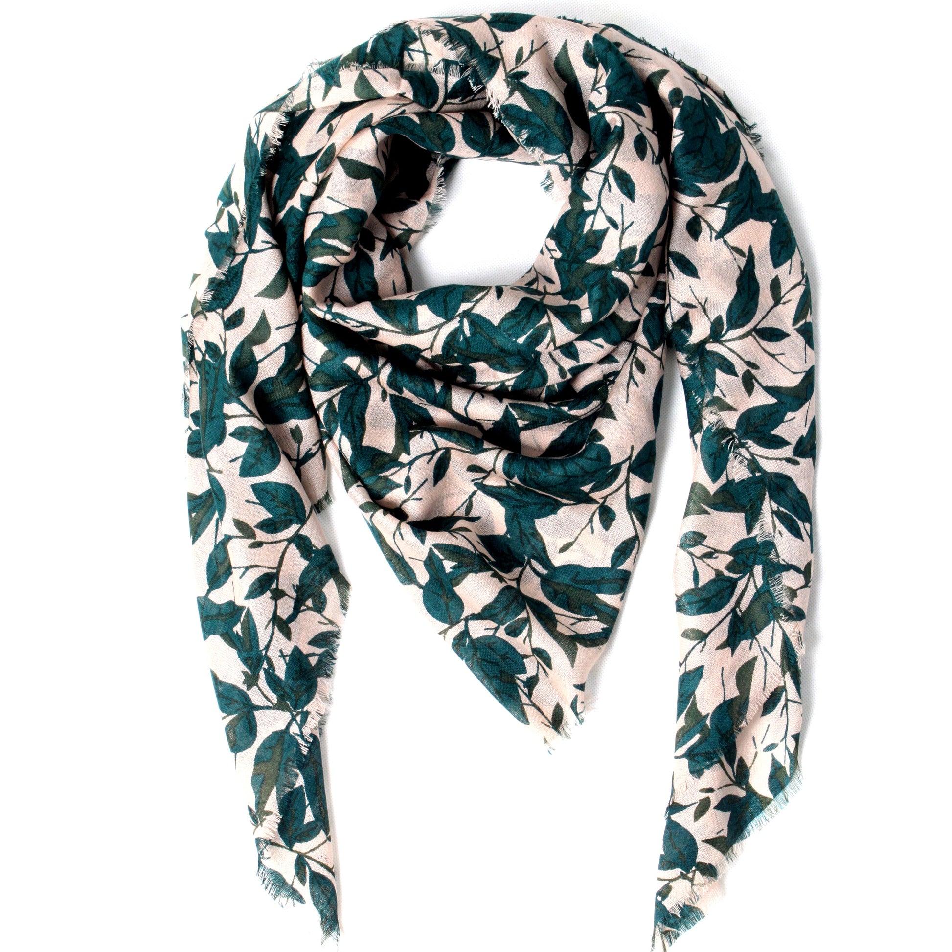 Light champagne wool scarf with green leaf pattern, 135x135 cm