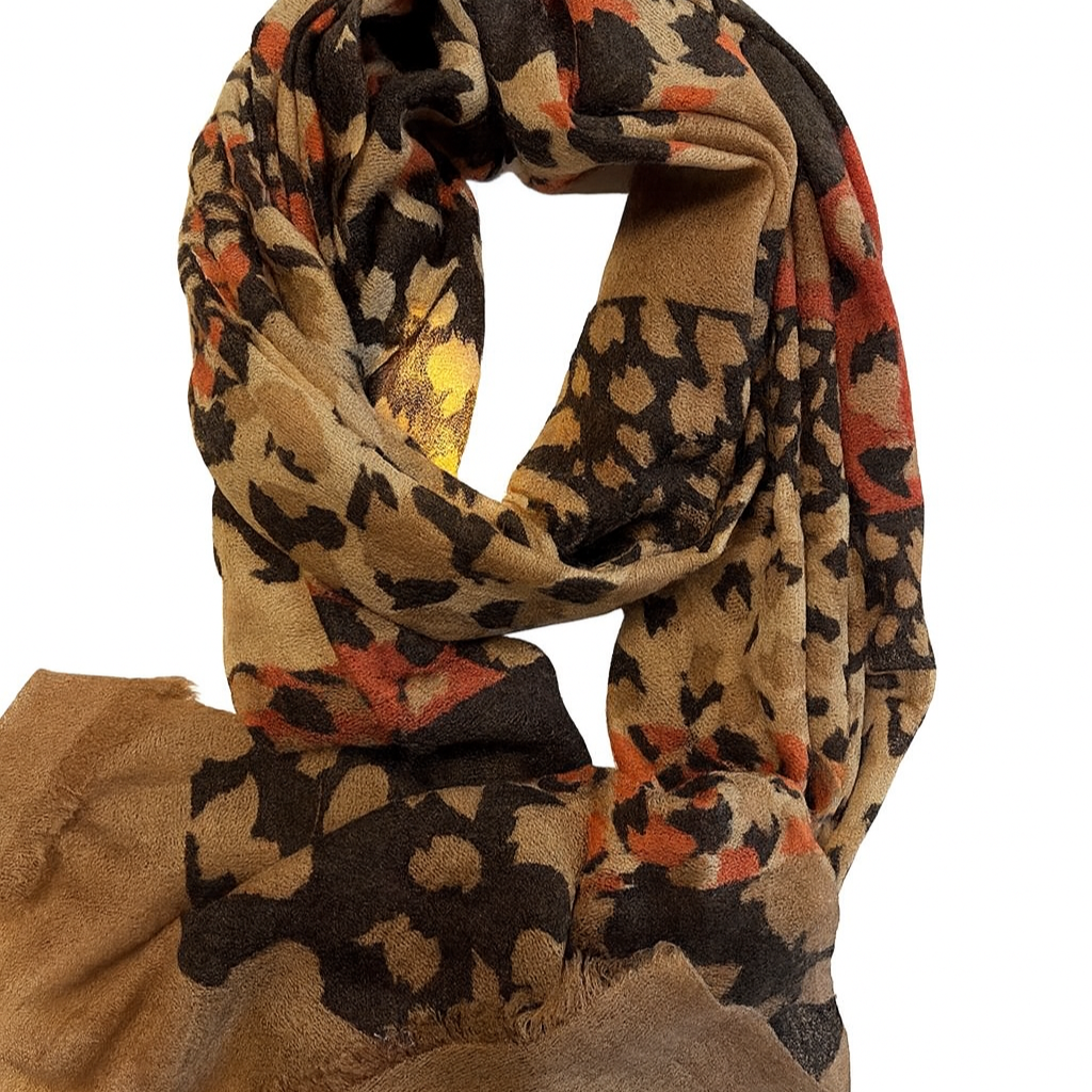 Orange wool cashmere scarf with leopard pattern, 60x180 cm