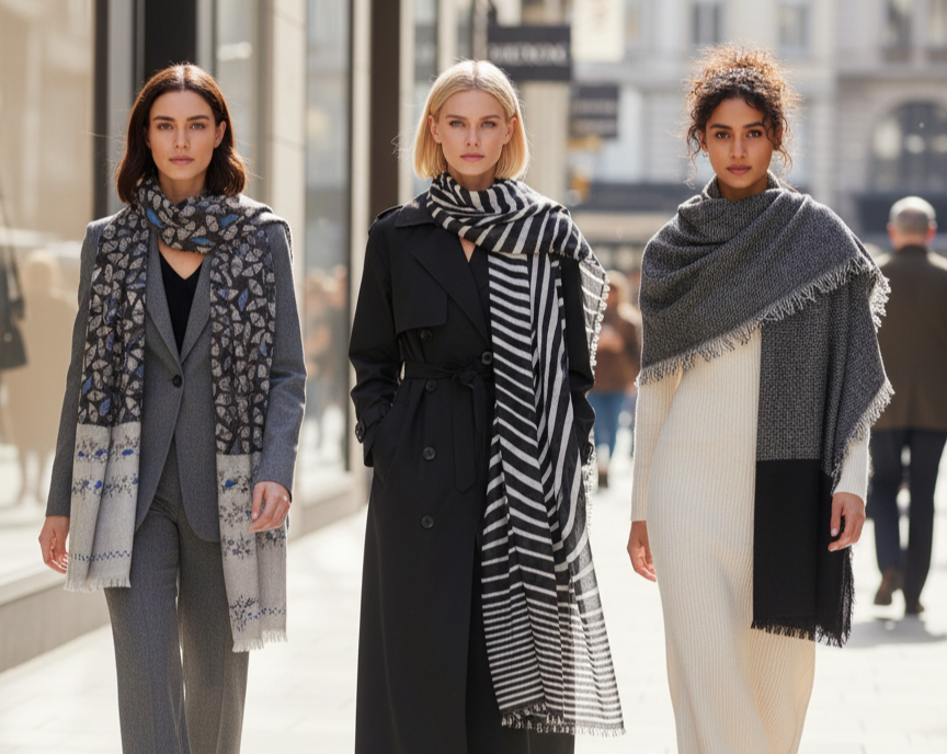 Three fashion models walking side by side wearing cashmere scarves from a-Line CPH, homepage banner.