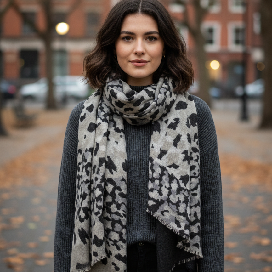 Model styling black wool cashmere scarf with leopard pattern as shawl