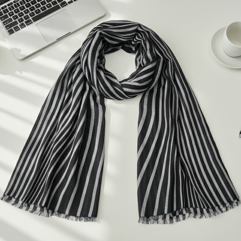 Close-up of lightweight silk wool scarf fabric with black and gray stripes