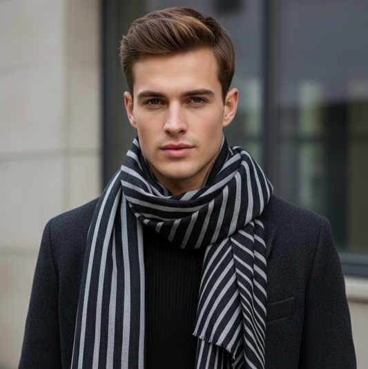 Black and gray striped silk wool scarf, 200x100 cm front view