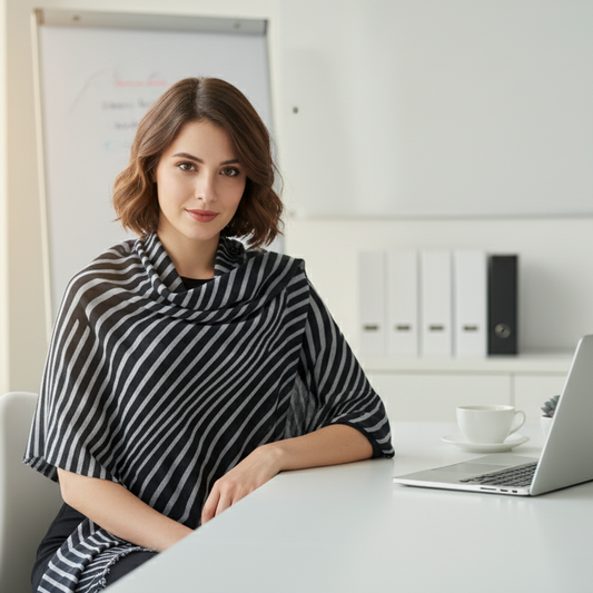 Model wearing black and gray striped silk wool scarf as shawl