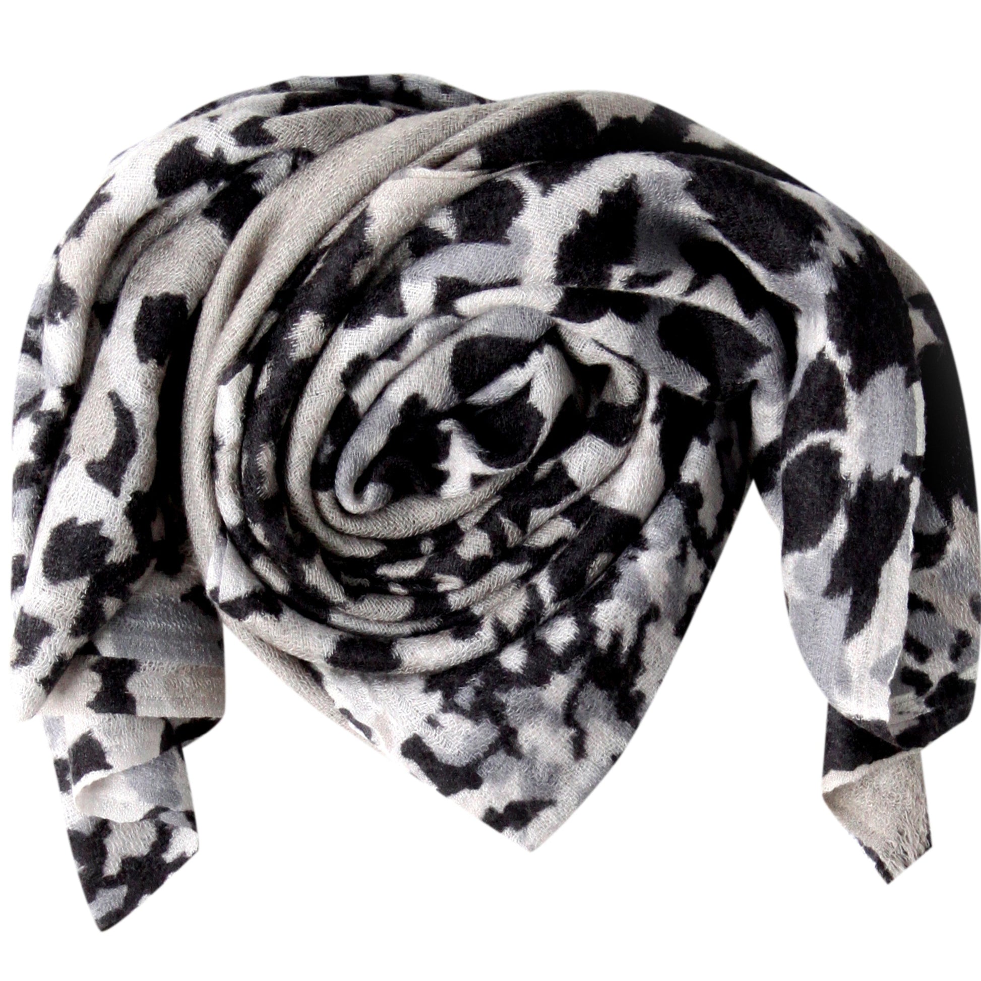 Black wool cashmere scarf with leopard print, 60x180 cm front view