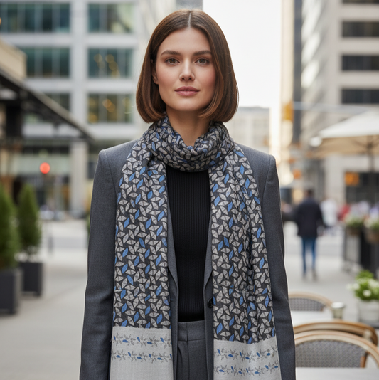 Blue Leaf Wool Scarf folded on white background, 100% wool, 70×180 cm