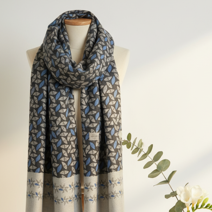 Blue Leaf Wool Scarf close-up of leaf and geometric pattern in blue and gray