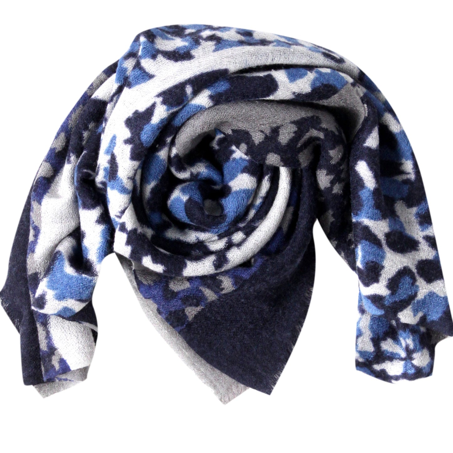 Blue wool cashmere scarf with leopard print, 60x180 cm front view