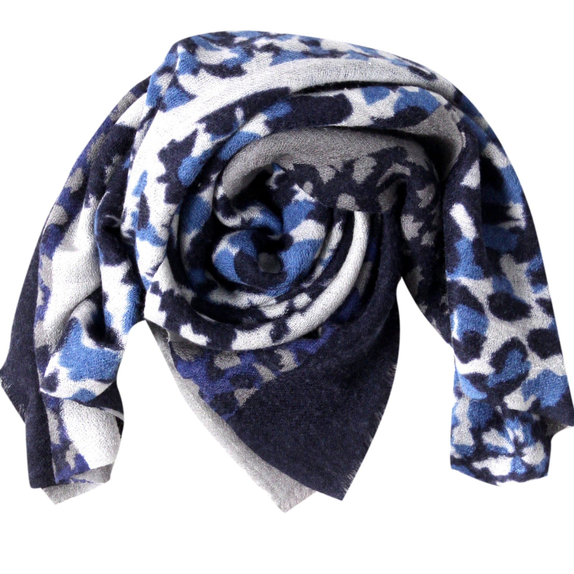 Blue wool cashmere scarf with leopard print, 60x180 cm front view