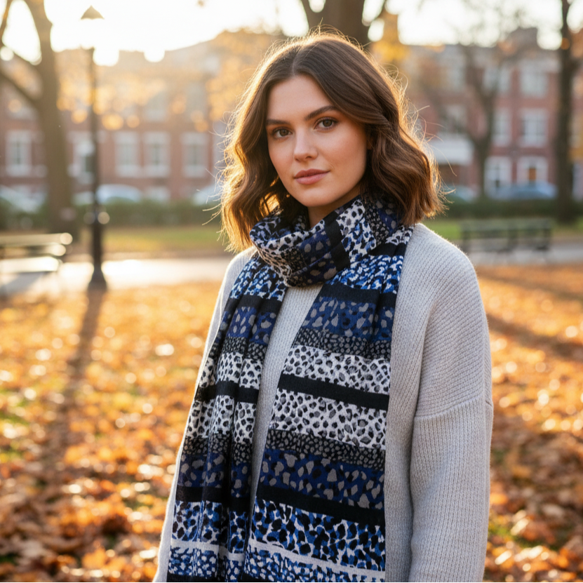 Model styling bluewool cashmere scarf with leopard pattern