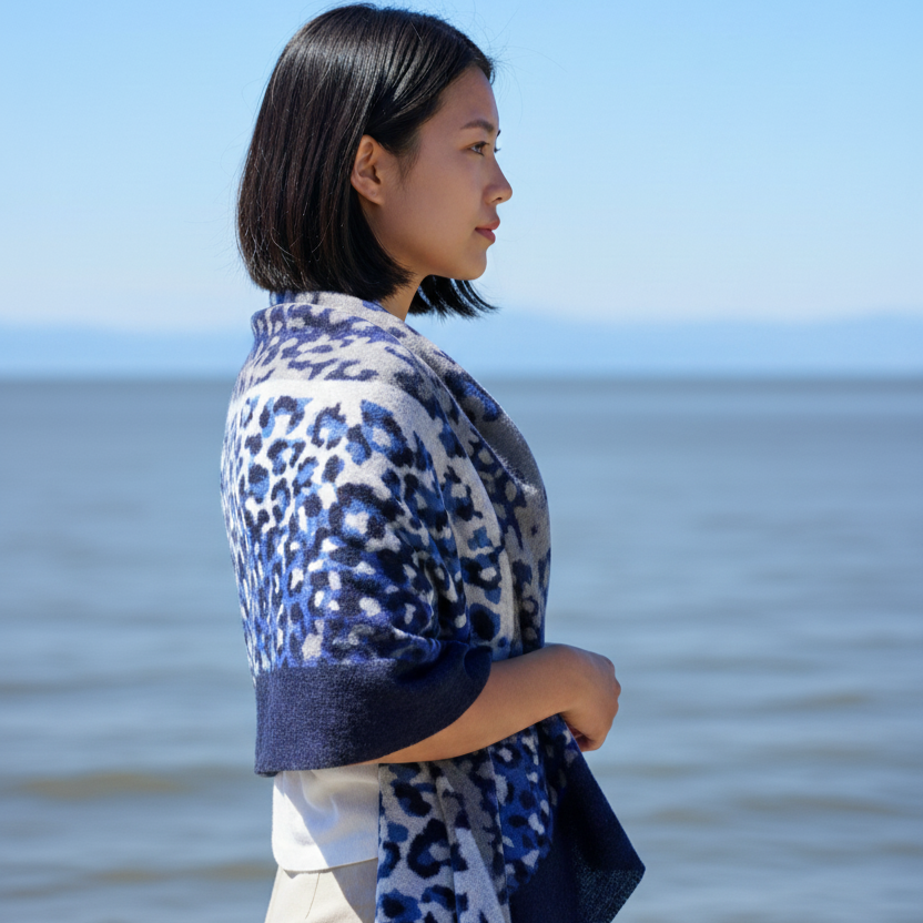 Model styling blue wool cashmere scarf with leopard pattern as shawl