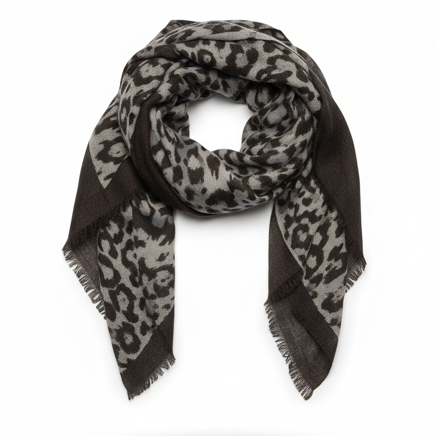 Brown wool cashmere scarf with leopard print, 60x180 cm front view