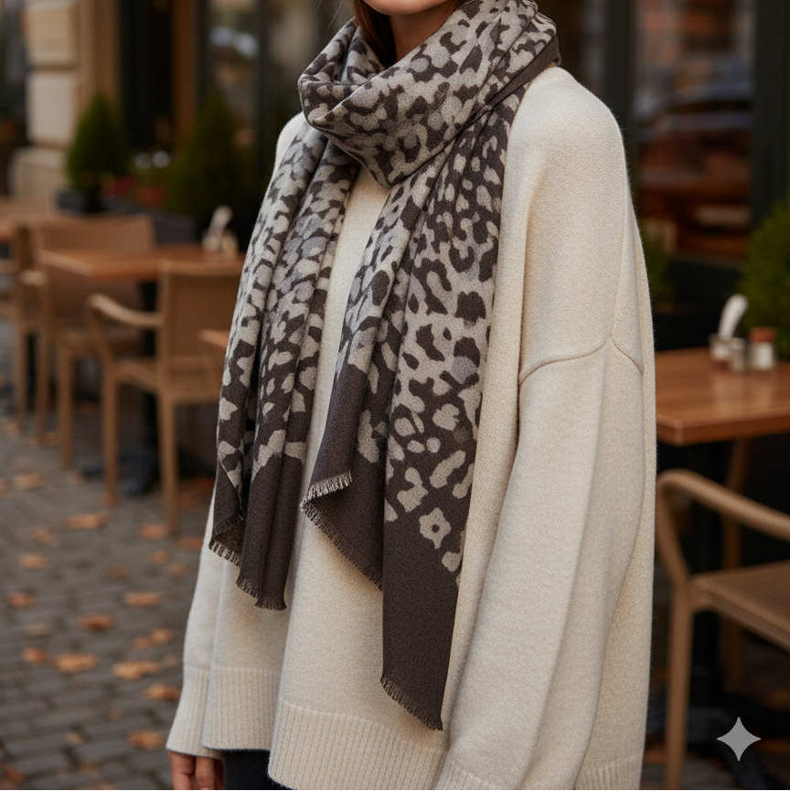 Model styling brown wool cashmere scarf with leopard pattern as shawl