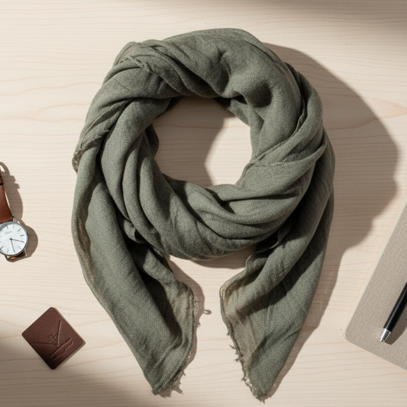 Lightweight cashmere scarf in army green, 95x195 cm, 70g detail