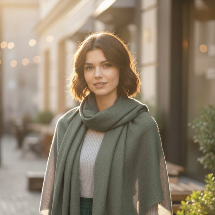 Lightweight cashmere scarf in army green shawl, 95x195 cm, 70g