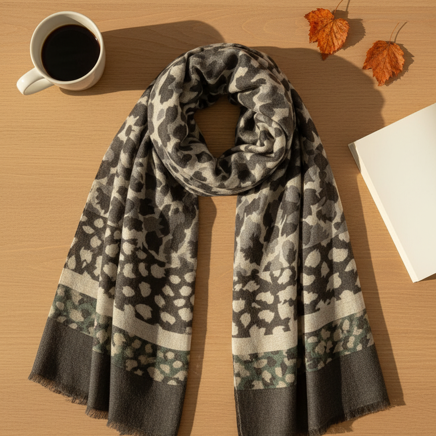 gray wool cashmere scarf with leopard print, 60x180 cm front view