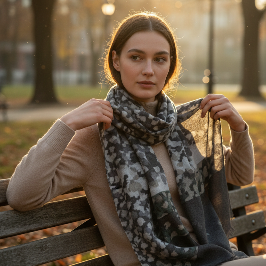 Model styling gray wool cashmere scarf with leopard pattern