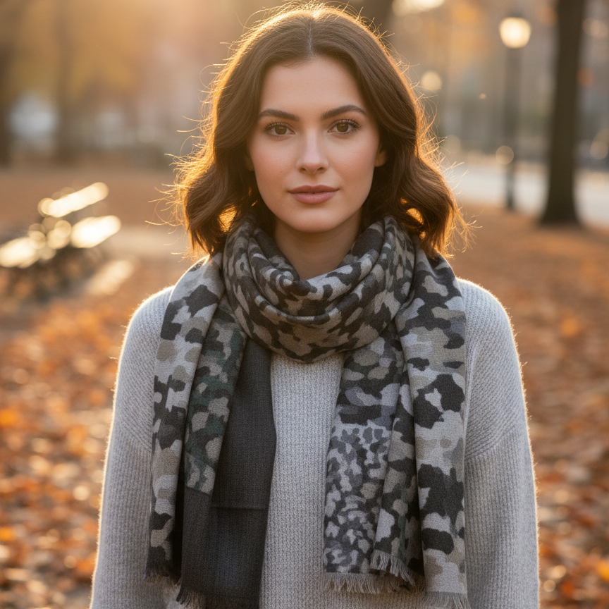 Model styling gray wool cashmere scarf with leopard pattern 2