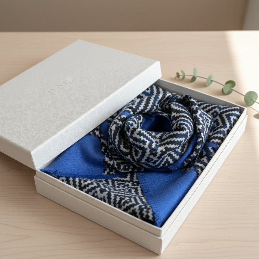 100% mercerized wool scarf in blue and black geometric pattern, 80x170 cm 1