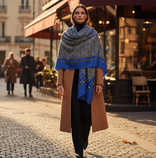 100% mercerized wool scarf in blue and black geometric pattern, 80x170 cm