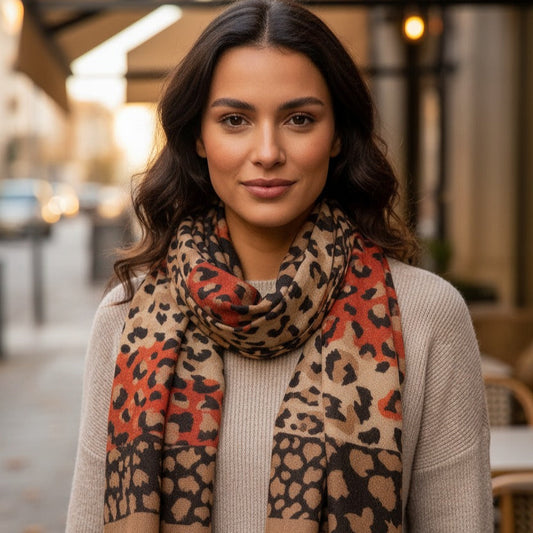Orange wool cashmere scarf with leopard pattern, 60x180 cm