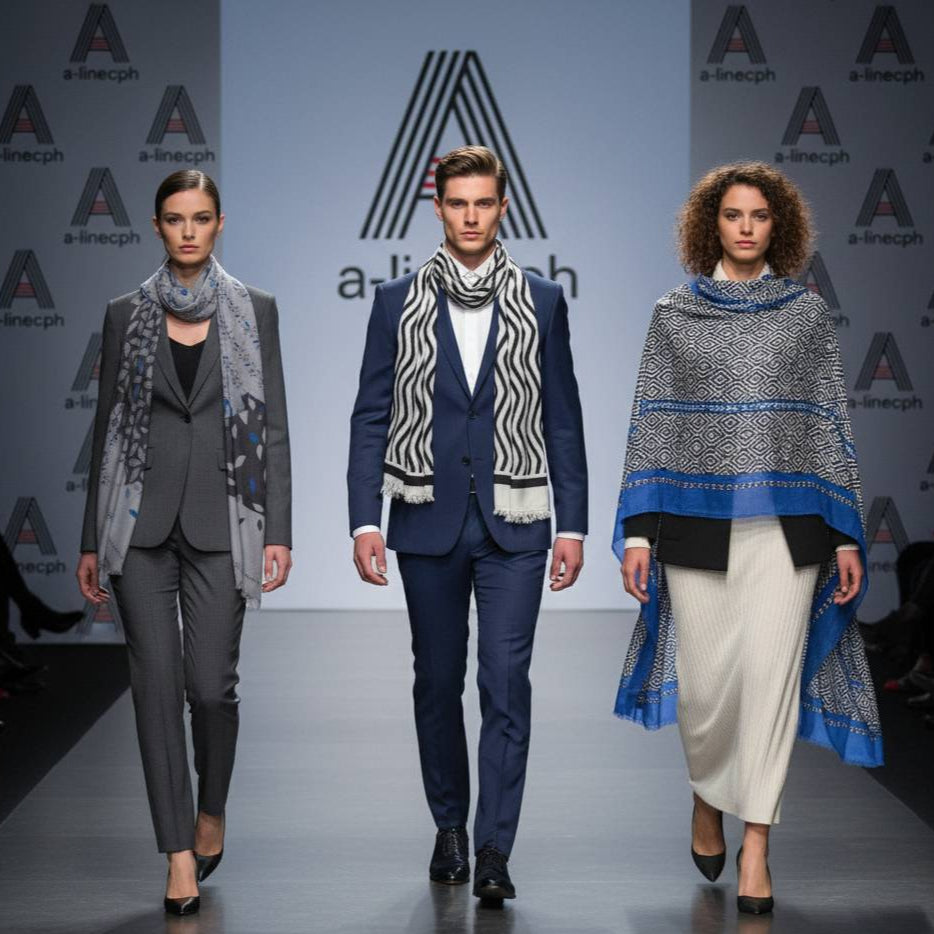 Models on runway wearing blue lightweight wool scarves